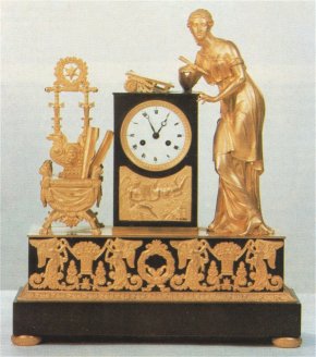 Bitte zum Vergrern anklicken - 1. Pendule La Femme au Pupitre", Paris, um 1800, Bronze, feuervergoldet und patiniert, 14-Tage-Werk, H. 50 cm; H. Romann, Mnchen